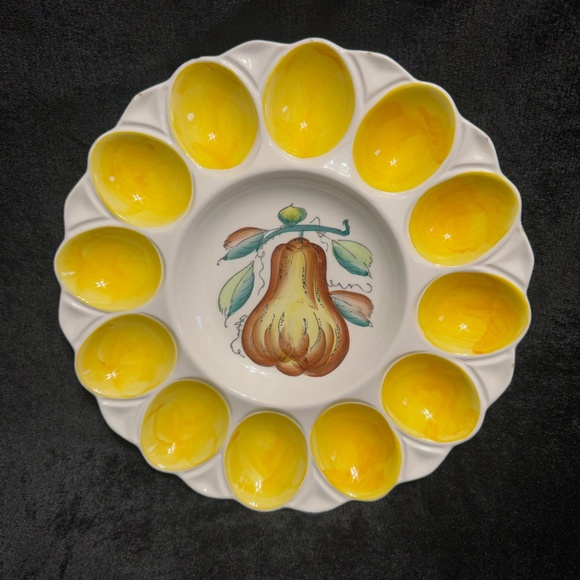 Vintage Deviled Egg Platter Hand Painted with Fruit Center Bright Yellow - Picture 3 of 6